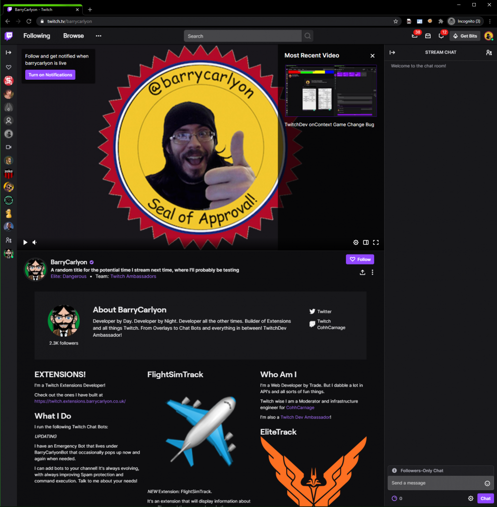 An example of a Twitch Channel Page