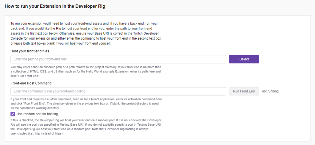 The Hosting options in the Developer rig.