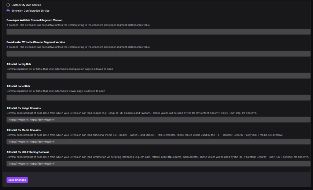 The three new fields at the bottom of Capabilities allow Developers to define the CSP for their Extension.