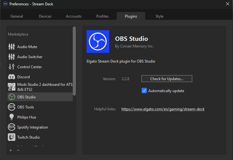 OBS Studio plugin for Streamdeck showing "outdated" 2.2.8