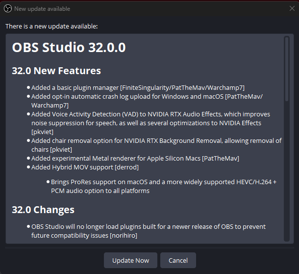 OBS 32 update screen
